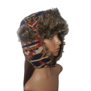 SWISS TECH Aztec Print Faux Fur Wool Blend Unisex Trapper Hat One Size